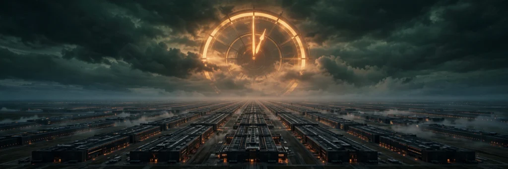 A giant glowing clock face, minutes before midnight, over endless rows of data centers at dusk