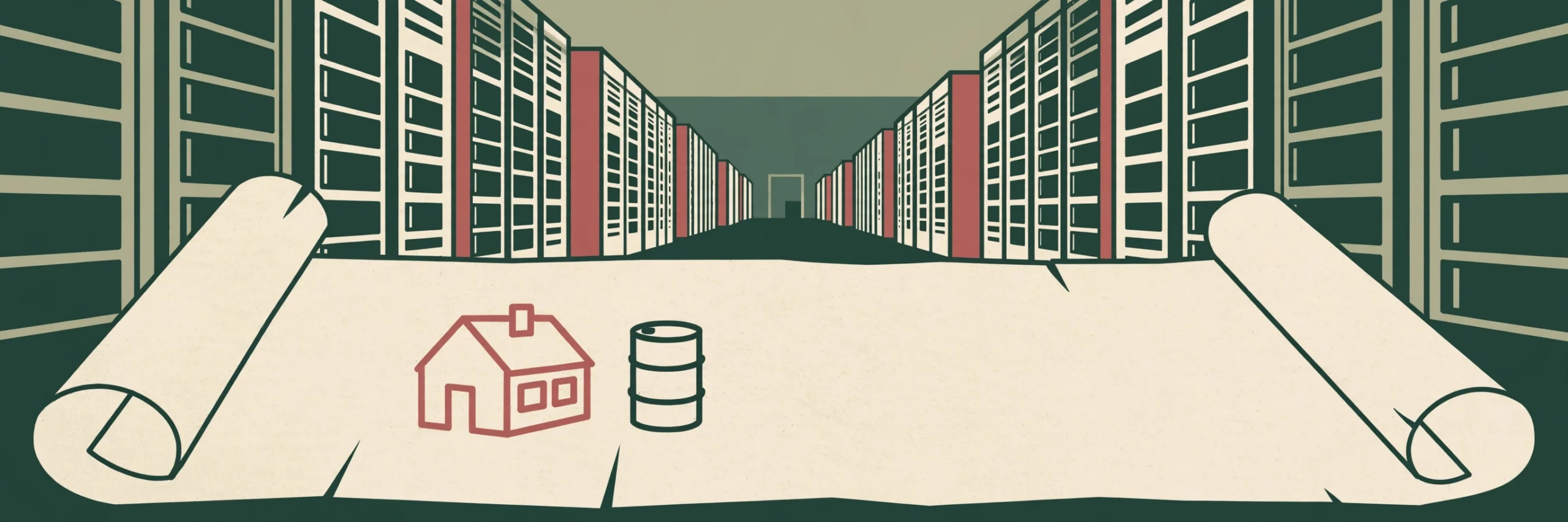 Data center corridor with an oversized bill showing a house and an oil barrel